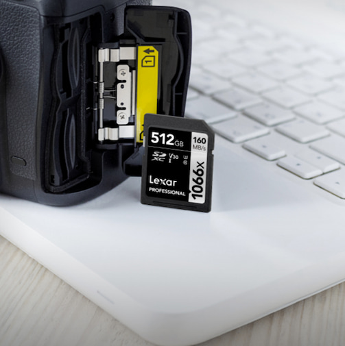 The Lexar 1066X 512GB memory card.