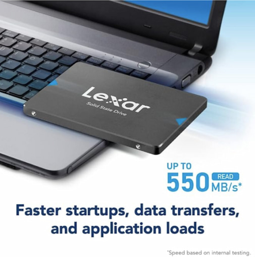 Lexar NQ100 SATA SSD with faster startups, data transfers and application loads.