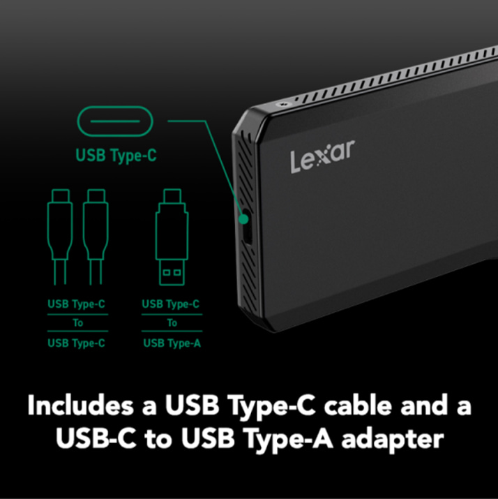 Lexar portable SSDs includes USB Type-C cables and USB-C to USB Type A adaptors.