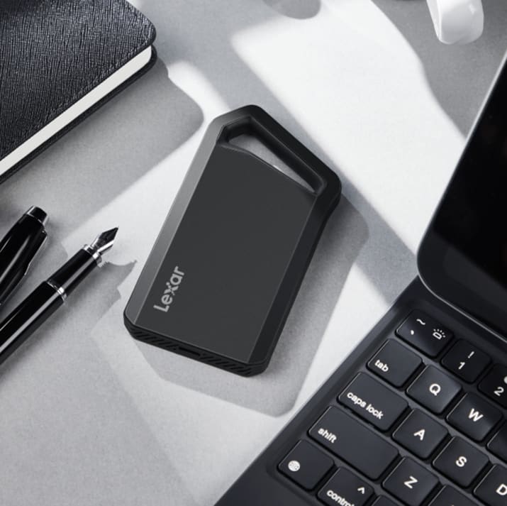 Black and white photo of a Lexar professional SL600 SSD.